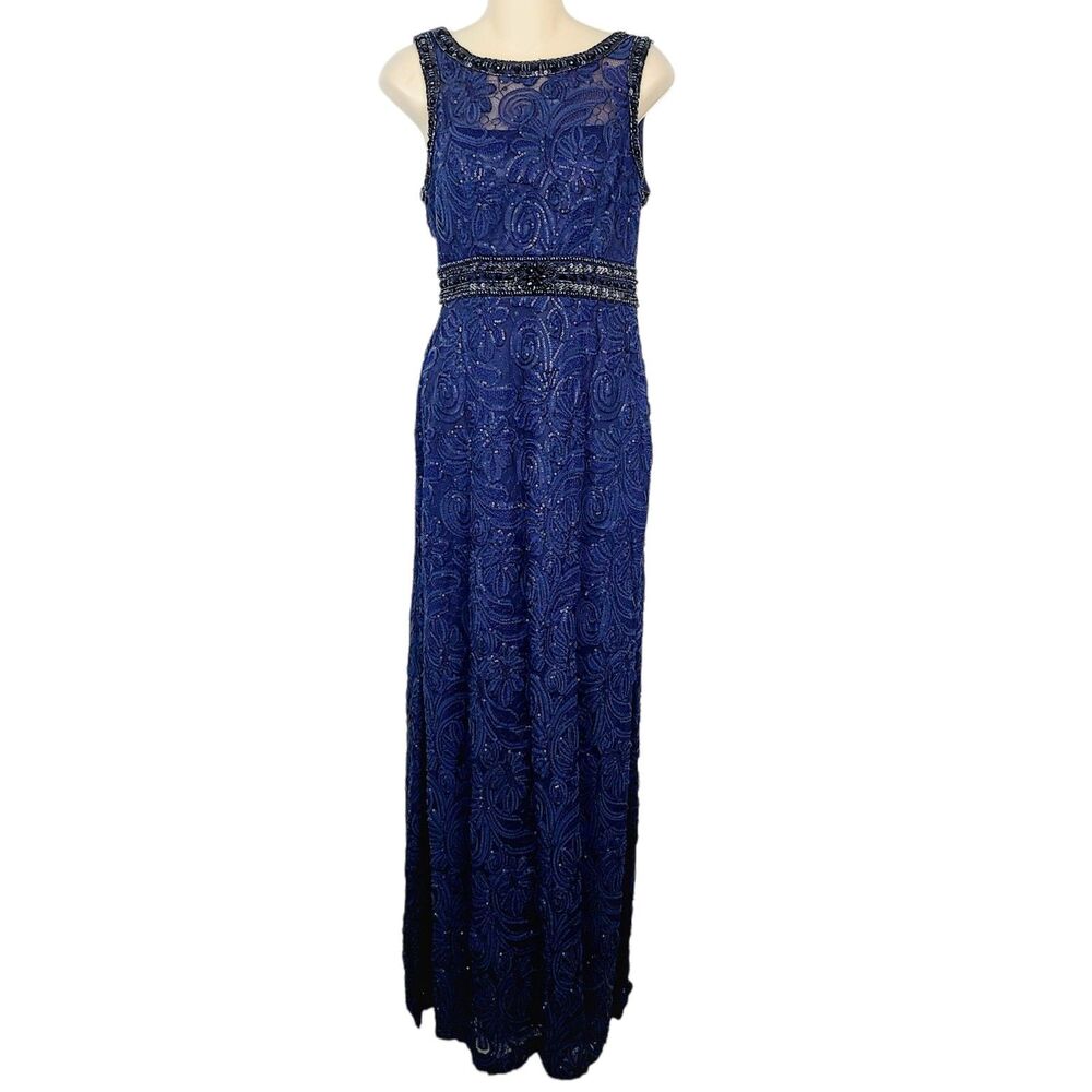 Sue Wong Evening Gown 4 Navy Blue Beaded Embroidered Lace Boat Neck Open Back